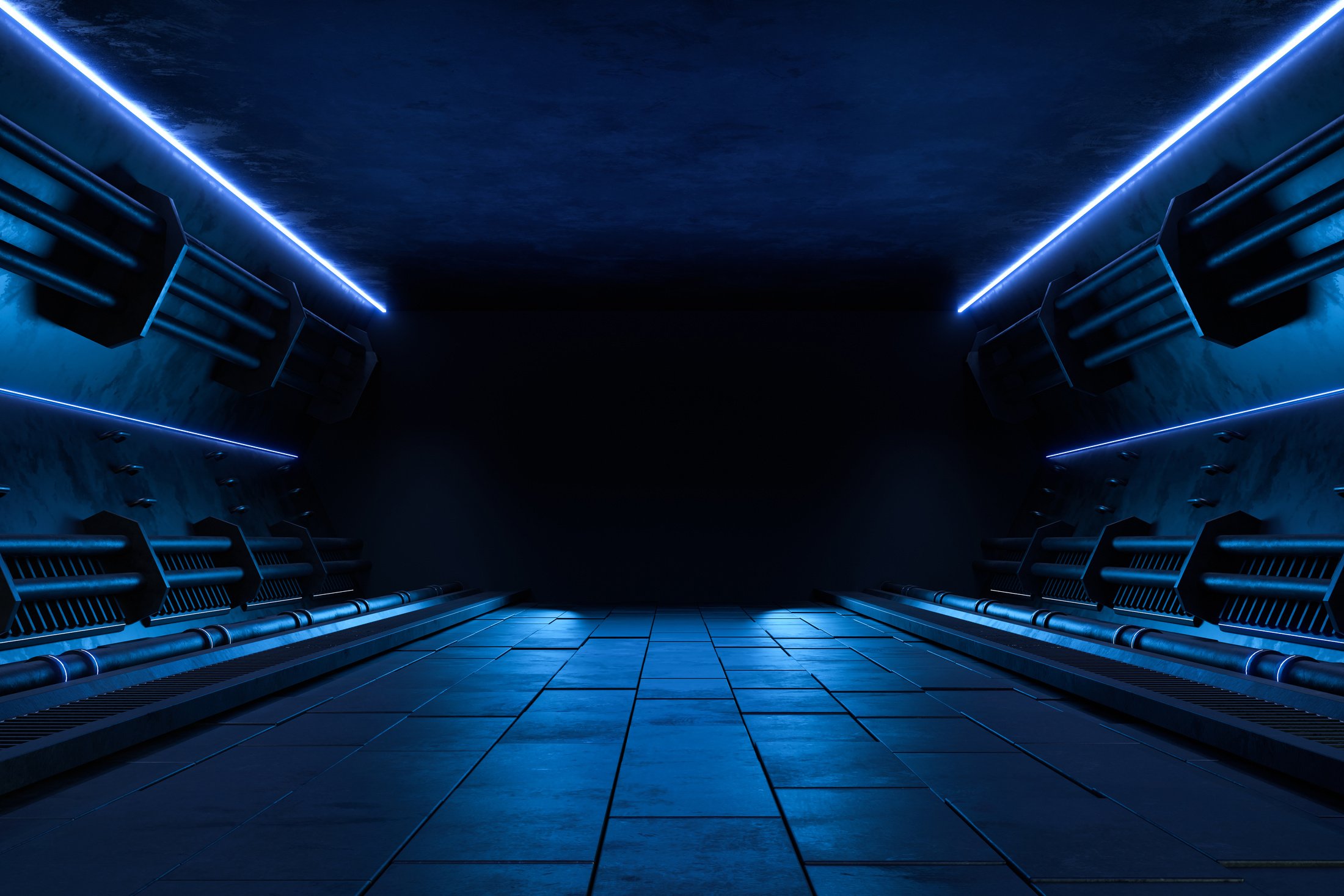 Empty Dark Room, Modern Futuristic Sci Fi Background.